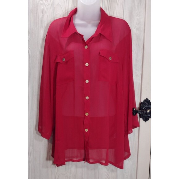 Linea By Louis Dell'Olio Red Sheer Button Front Blouse Size 1X - Picture 2 of 15